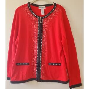 Cathy Daniels Womens XL Red Black Embellished Full Zip Jacket Sweater Holiday